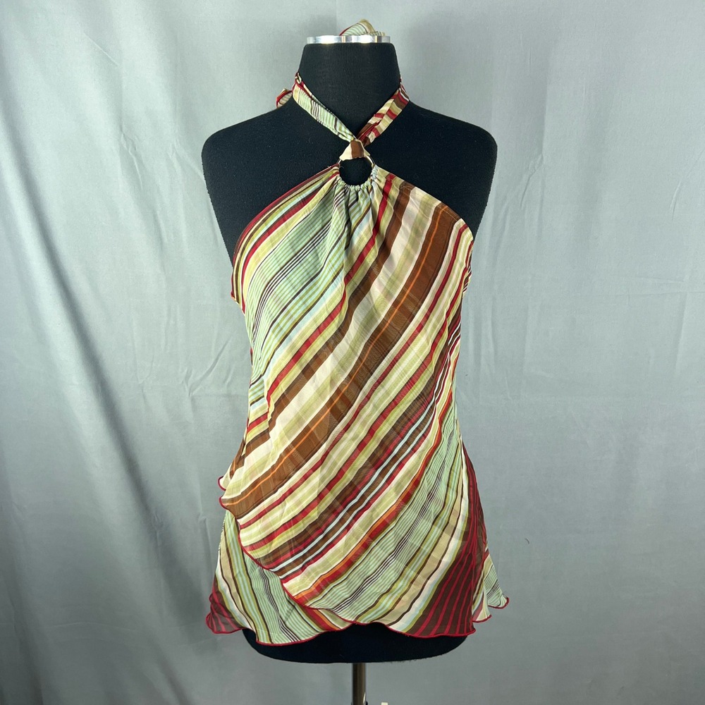 La Belle Top Womens 9 Multicolor Striped Sleeveless Asymmetrical Hem Halter Neck